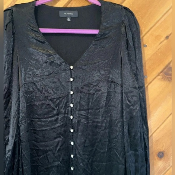 En Saison Black Long Sleeve Satin VNeck Crystal Button Midi Dress - Picture 4 of 6